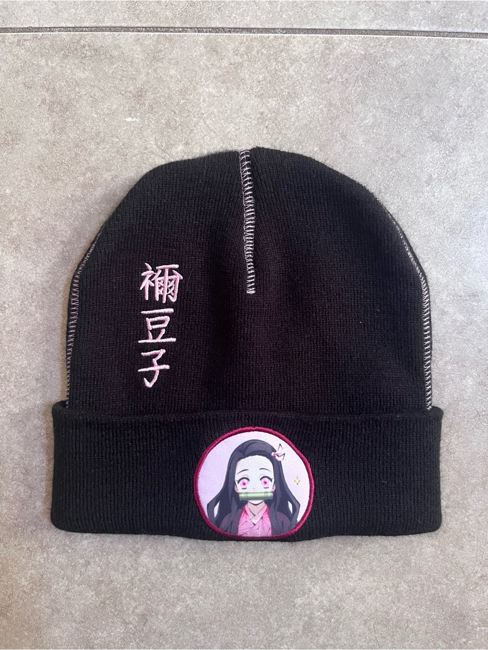 Demon Slayer Nezuko Patch Black Cuff Beanie Hat Culturefly One Size - Picture 1 of 4